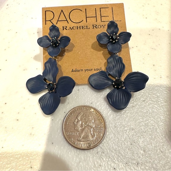 NWT RACHEL Rachel Roy Earrings Navy Blue Double Flower w/ center crystal - Picture 8 of 9